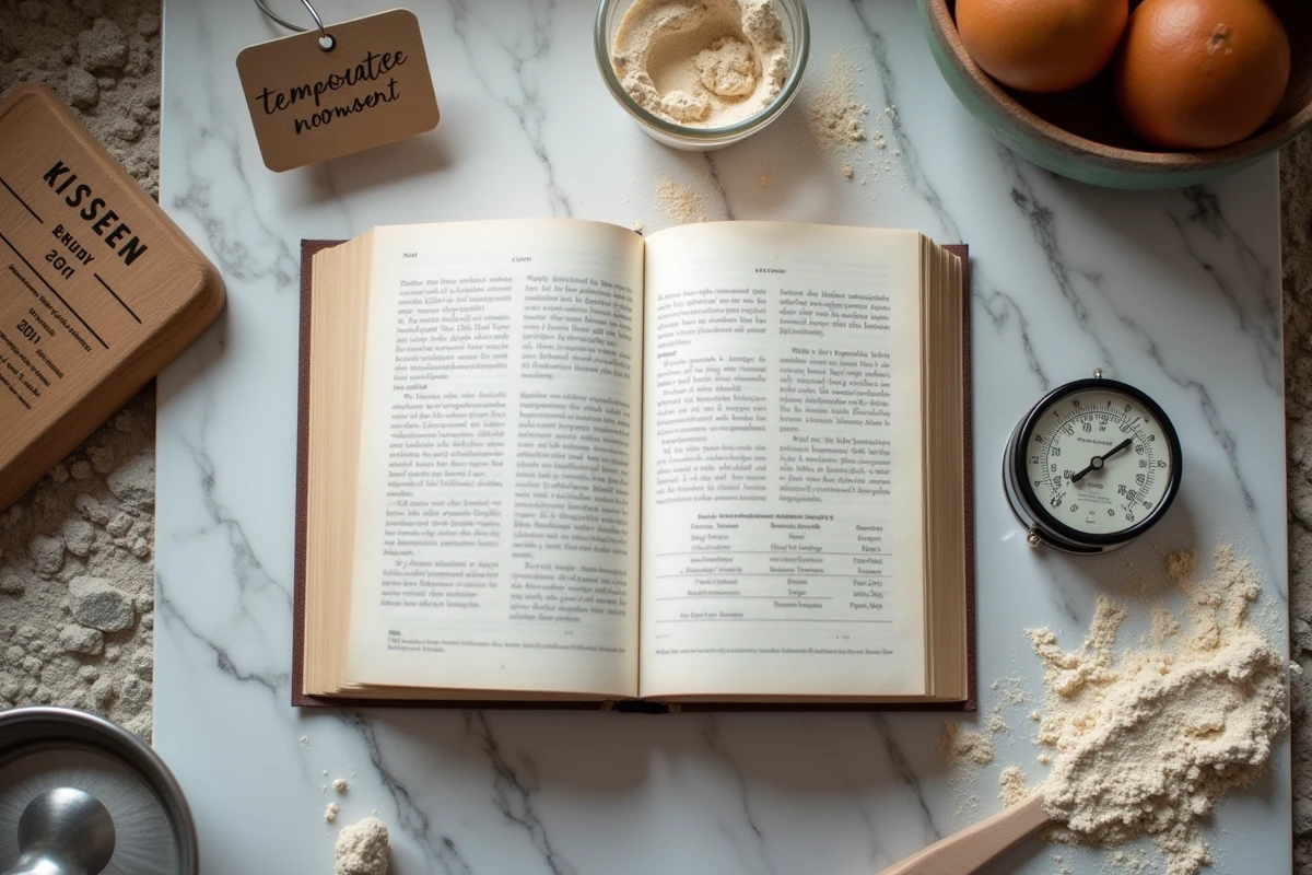 Vue à plat d'un thermomètre de four à 200 degrés, d'un livre de pâtisserie ouvert sur un tableau d'équivalences de températures et d'ustensiles de cuisine sur marbre