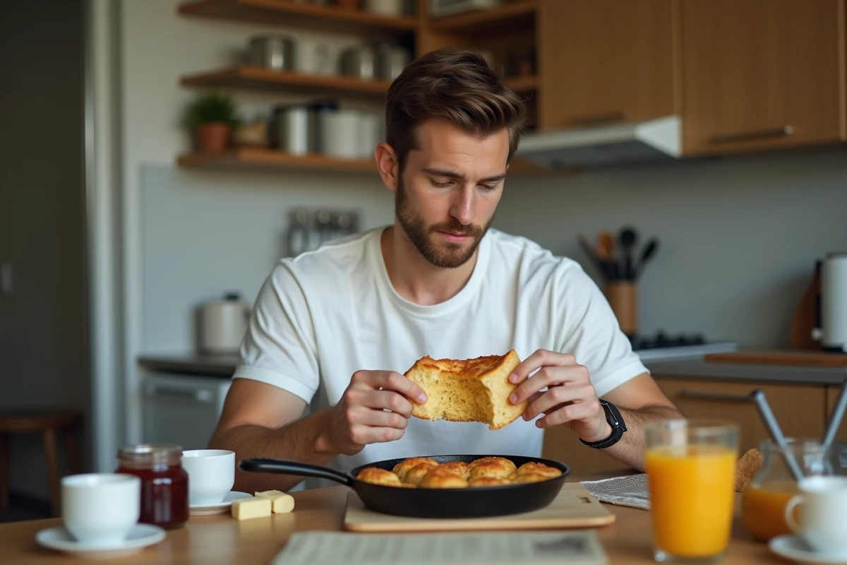 Étudiant déchirant un pain à la poêle fait maison à table avec confiture et jus d'orange