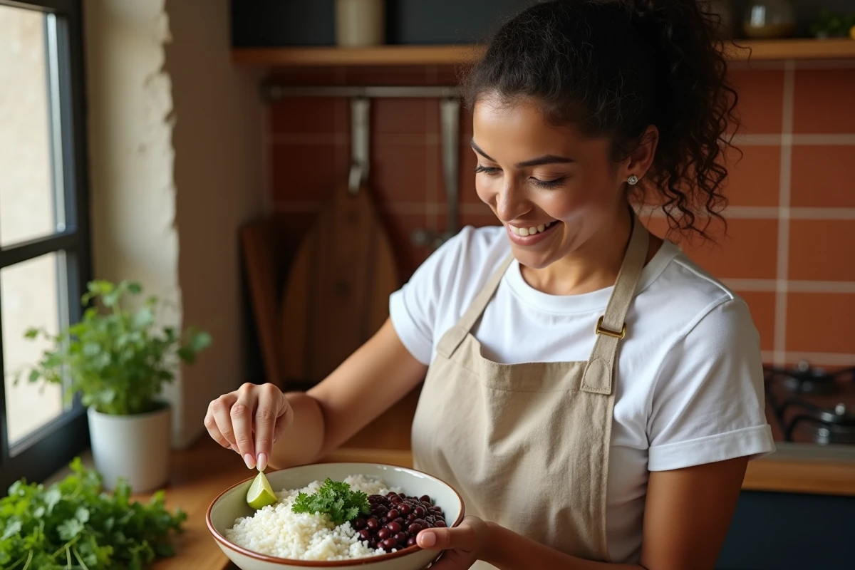 Femme préparant un bol de riz et haricots dans une cuisine rustique