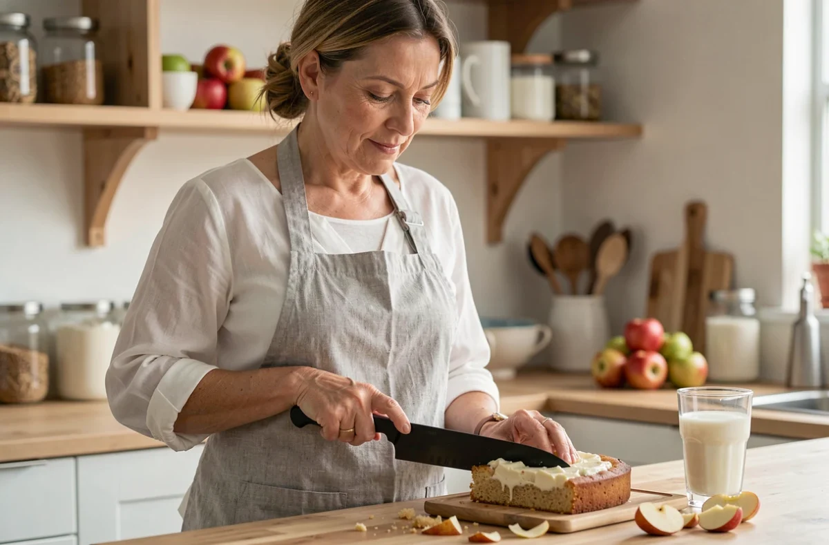 Femme coupant un gâteau léger au yaourt et pommes dans une cuisine chaleureuse