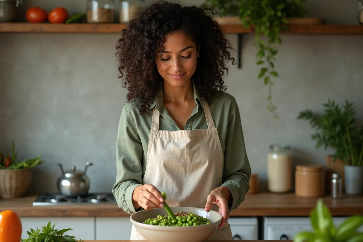 Femme préparant un bol de légumes protéinés comme l'edamame et les lentilles dans une cuisine rustique
