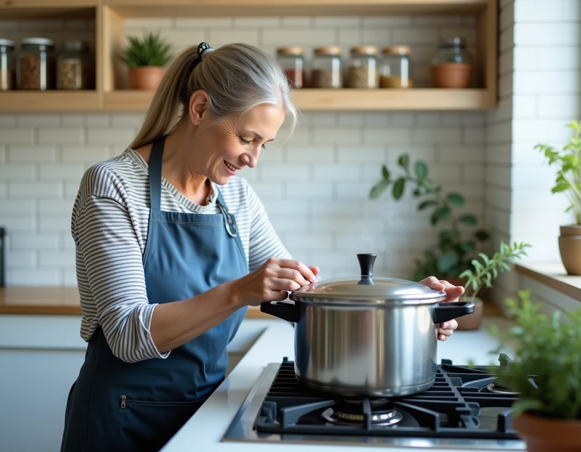 Femme en tablier surveillant la cuisson de pois chiches dans une cocotte-minute sur une cuisinière à gaz moderne