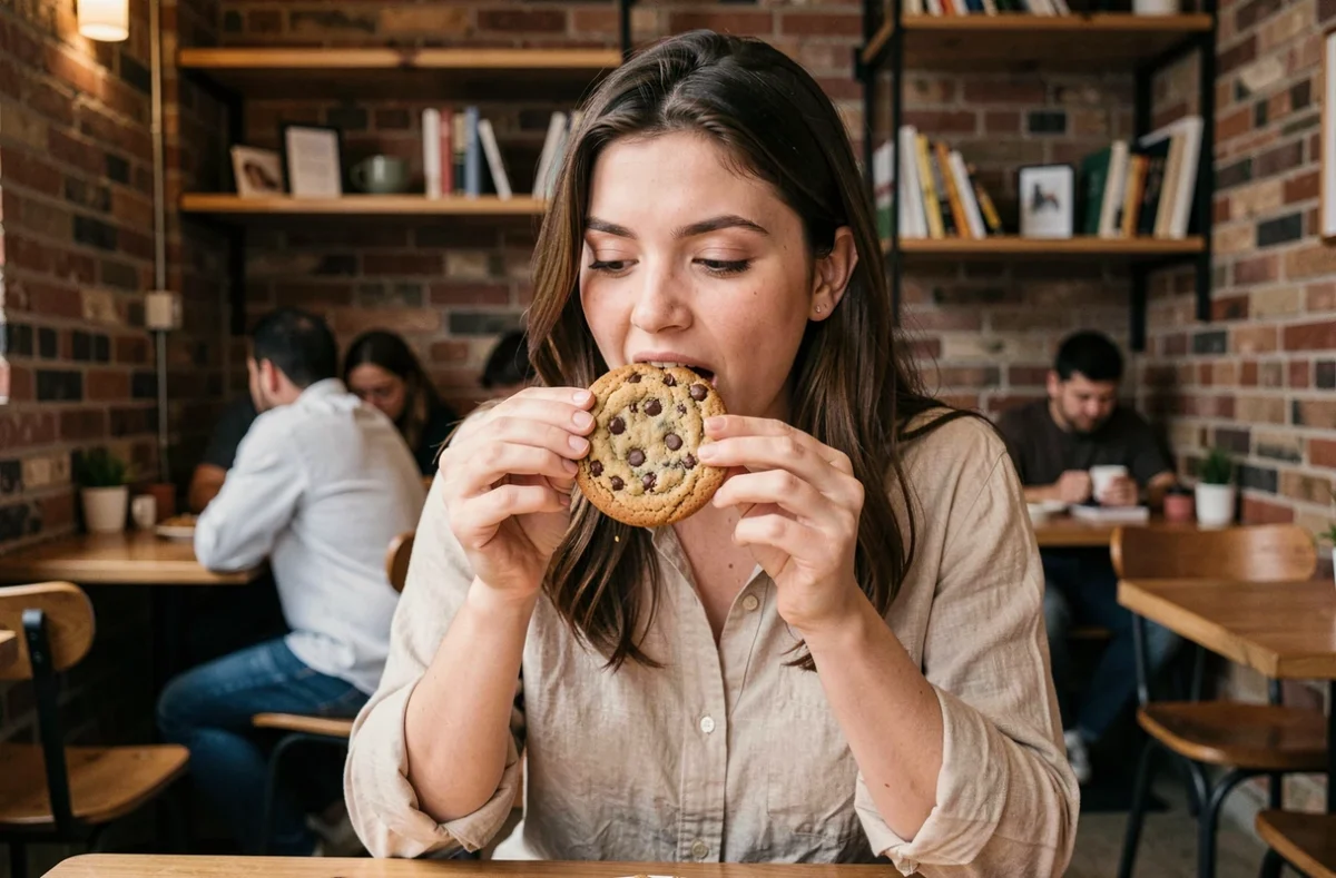 Jeune femme tenant un grand cookie Crumbl aux pépites de chocolat dans un café urbain cosy avec des murs en briques apparentes