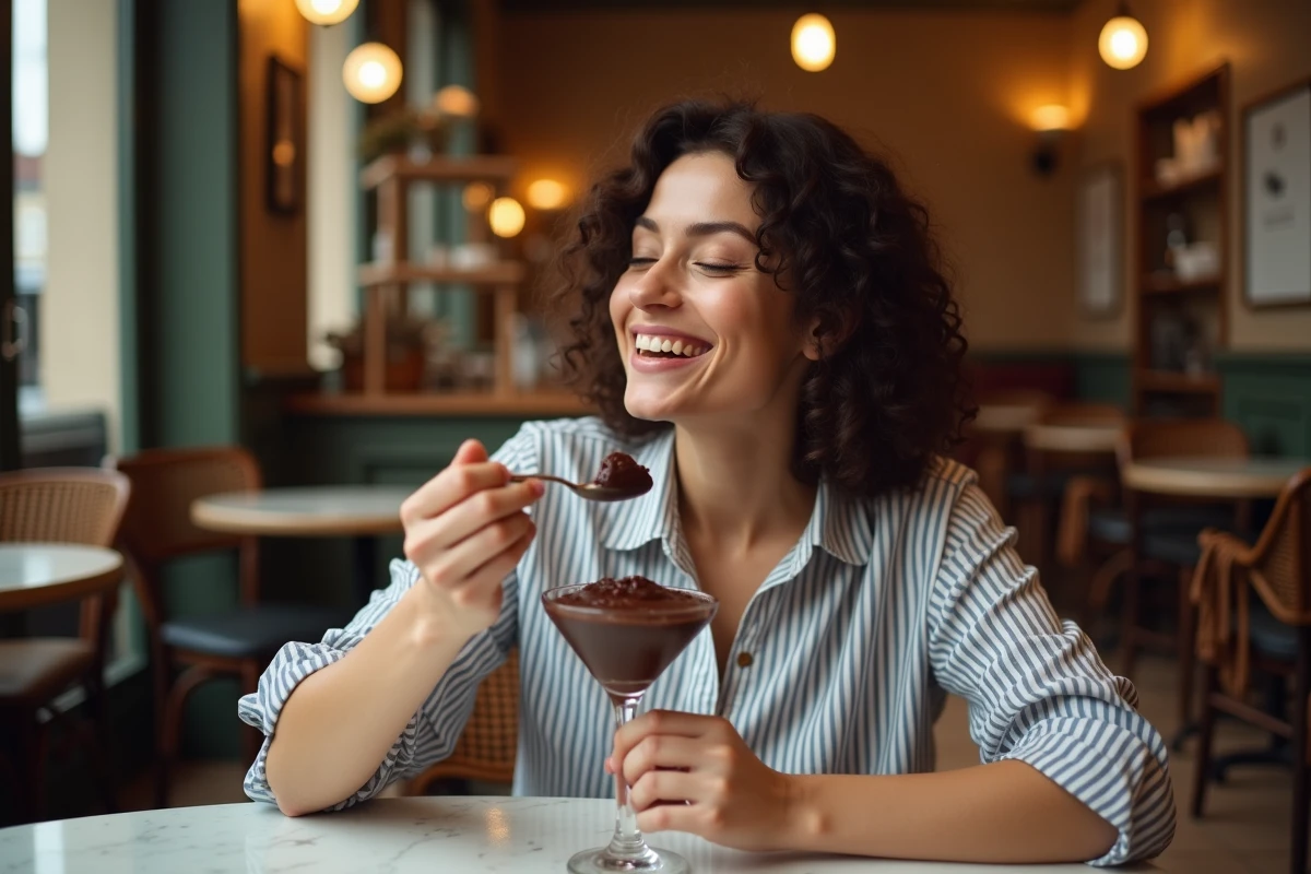 Jeune femme savourant une mousse au chocolat noir dans un bistrot parisien, expression de plaisir gustatif authentique