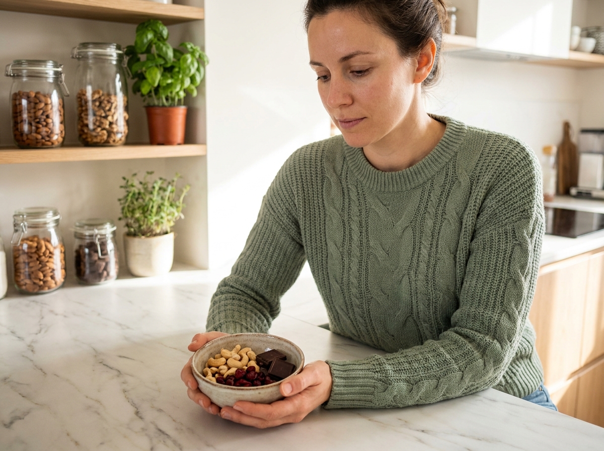 Jeune femme tenant un bol de fruits secs et chocolat noir comme encas équilibré dans une cuisine moderne