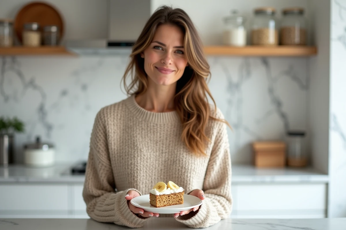 Femme tenant une assiette avec une part de gâteau avoine diète garnie de yaourt grec et banane dans une cuisine moderne