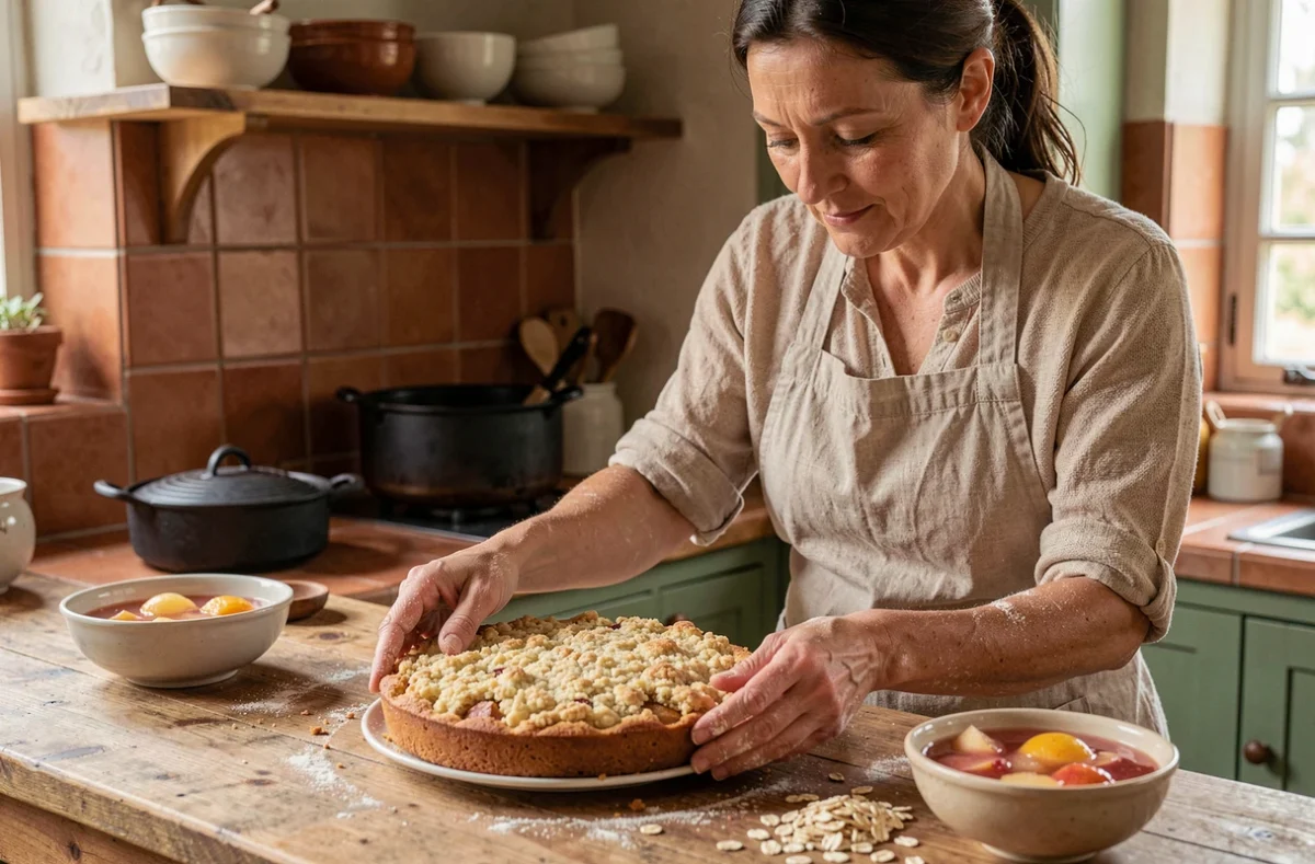 Femme en tablier de lin posant un gâteau crumble à la compote de pomme maison sur un comptoir de cuisine rustique