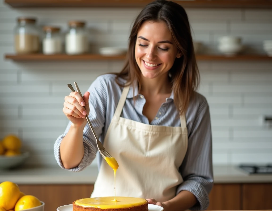 Femme versant un glaçage citron sur un gâteau espagnol fait maison dans une cuisine moderne, tablier en lin crème et citrons frais sur le plan de travail