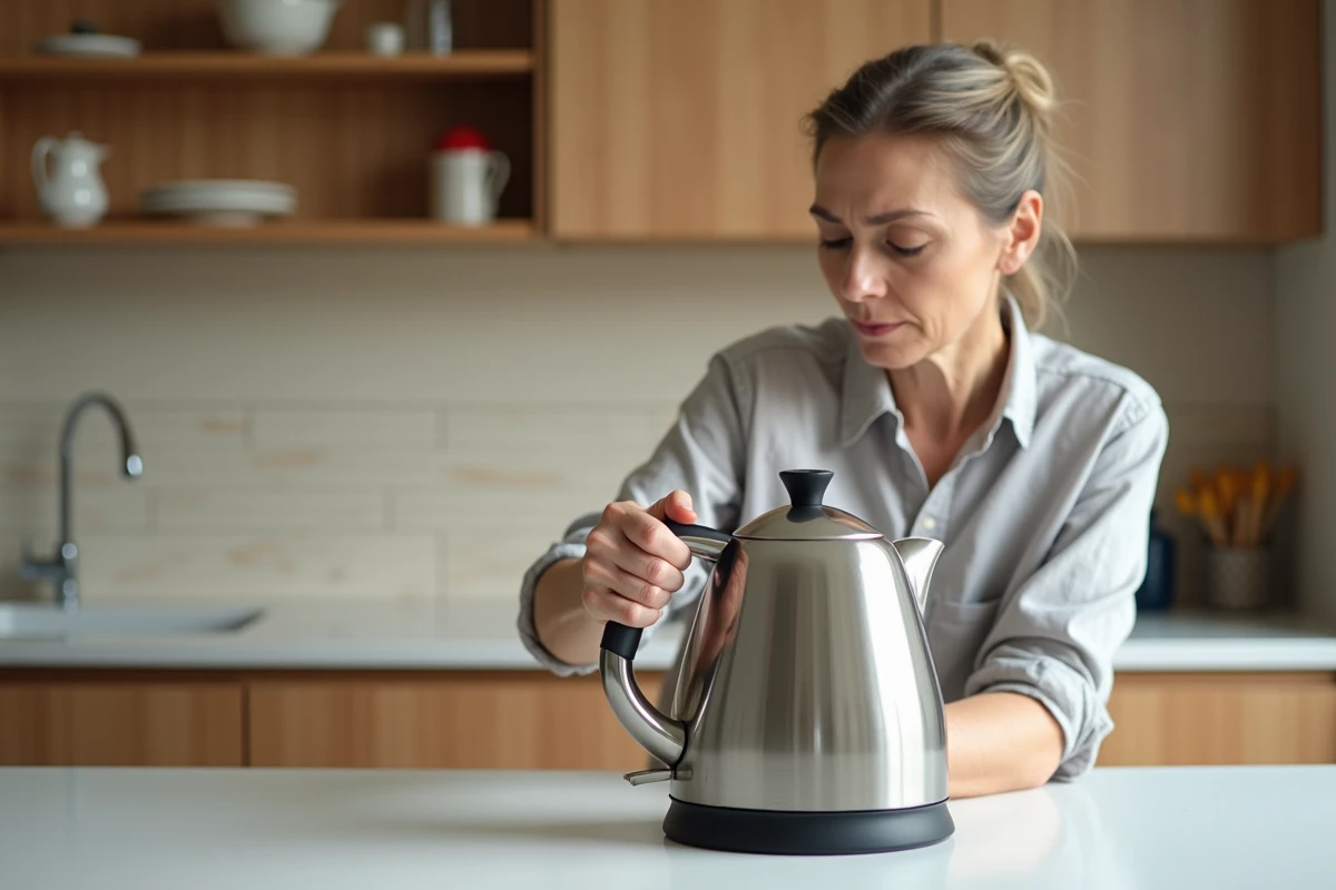 Femme inspectant une vieille bouilloire électrique entartrée sur un plan de travail de cuisine