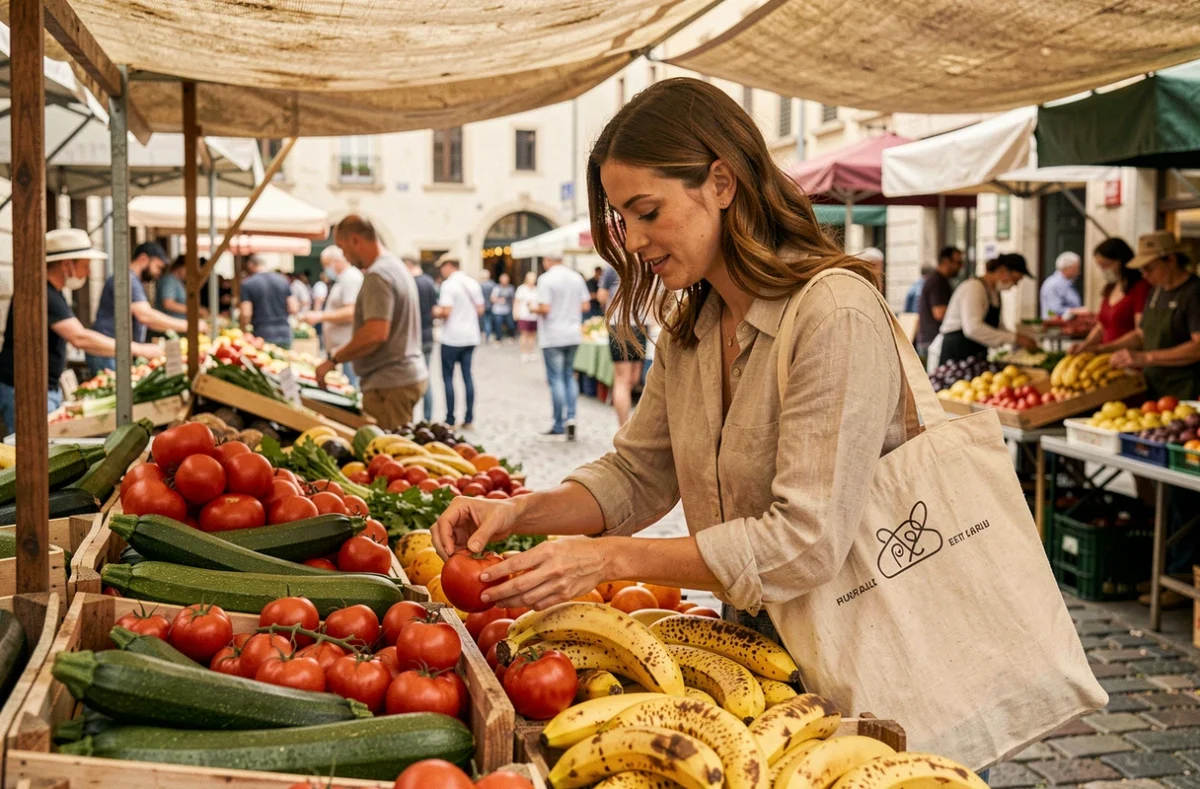 Femme choisissant des légumes invendus et imparfaits sur un marché de primeurs en plein air