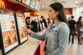Femme examinant le menu prix McDonald's au comptoir pour trouver les meilleures économies