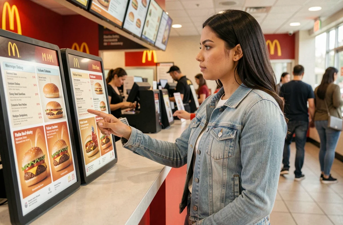 Femme examinant le menu prix McDonald's au comptoir pour trouver les meilleures économies