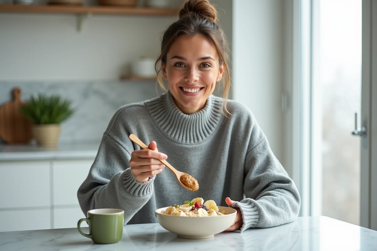 Jeune femme mangeant un bol de flocons d'avoine avec des fruits et des graines pour un petit-déjeuner rassasiant