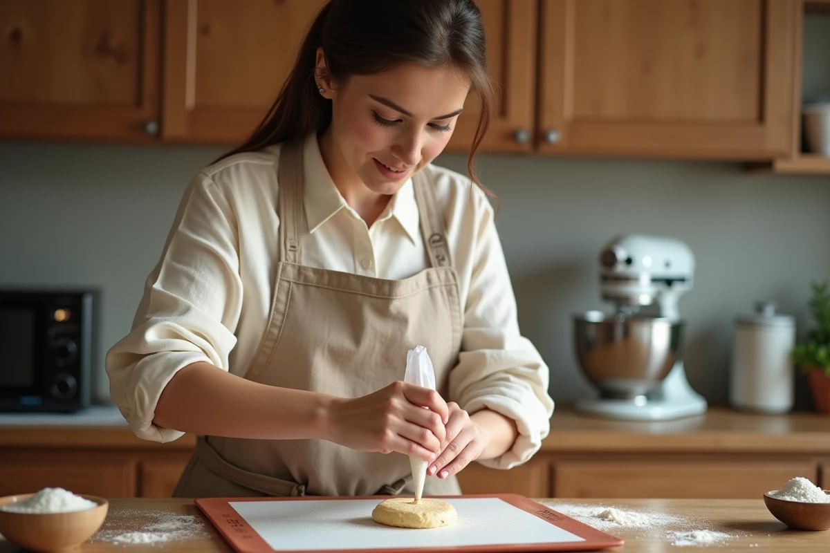 Jeune femme en tablier de lin pochant la pâte à macaron sur une toile de cuisson dans une cuisine familiale