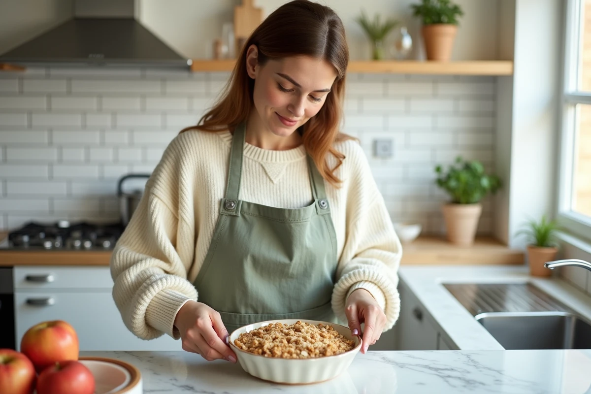 Femme préparant un crumble aux pommes sans sucre raffiné dans une cuisine scandinave moderne avec comptoir en marbre