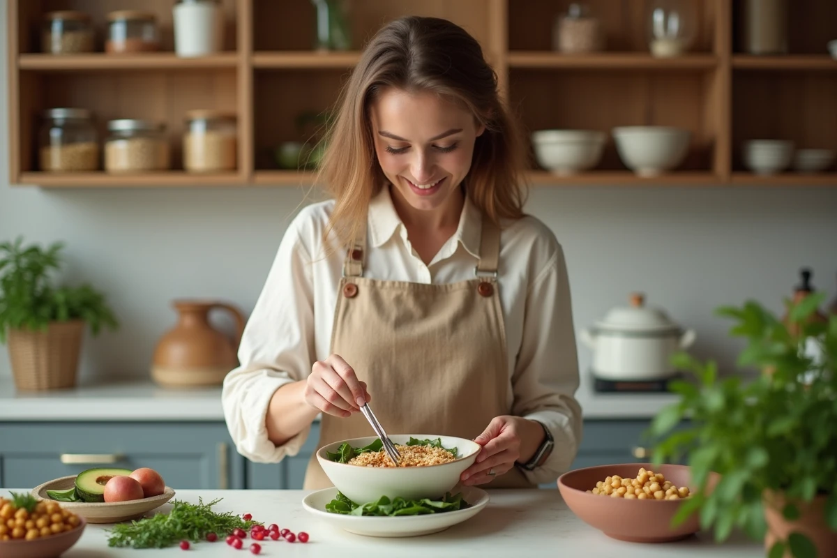 Jeune femme préparant un repas végétal équilibré avec quinoa, pois chiches et avocat dans une cuisine minimaliste durable
