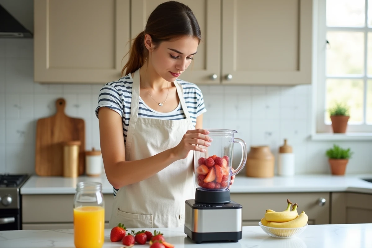 Femme versant des fruits frais dans un mixeur moderne sur un plan de travail en marbre blanc dans une cuisine lumineuse