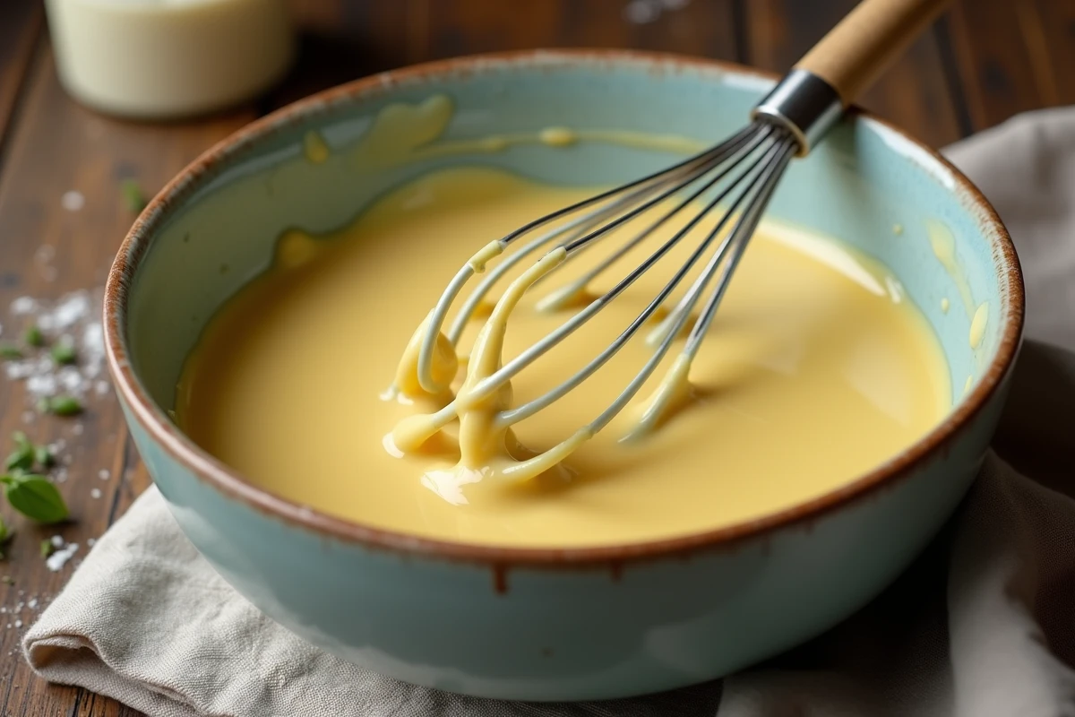 Fouet ballon en inox posé sur un bol en céramique contenant une mayonnaise maison crémeuse et onctueuse