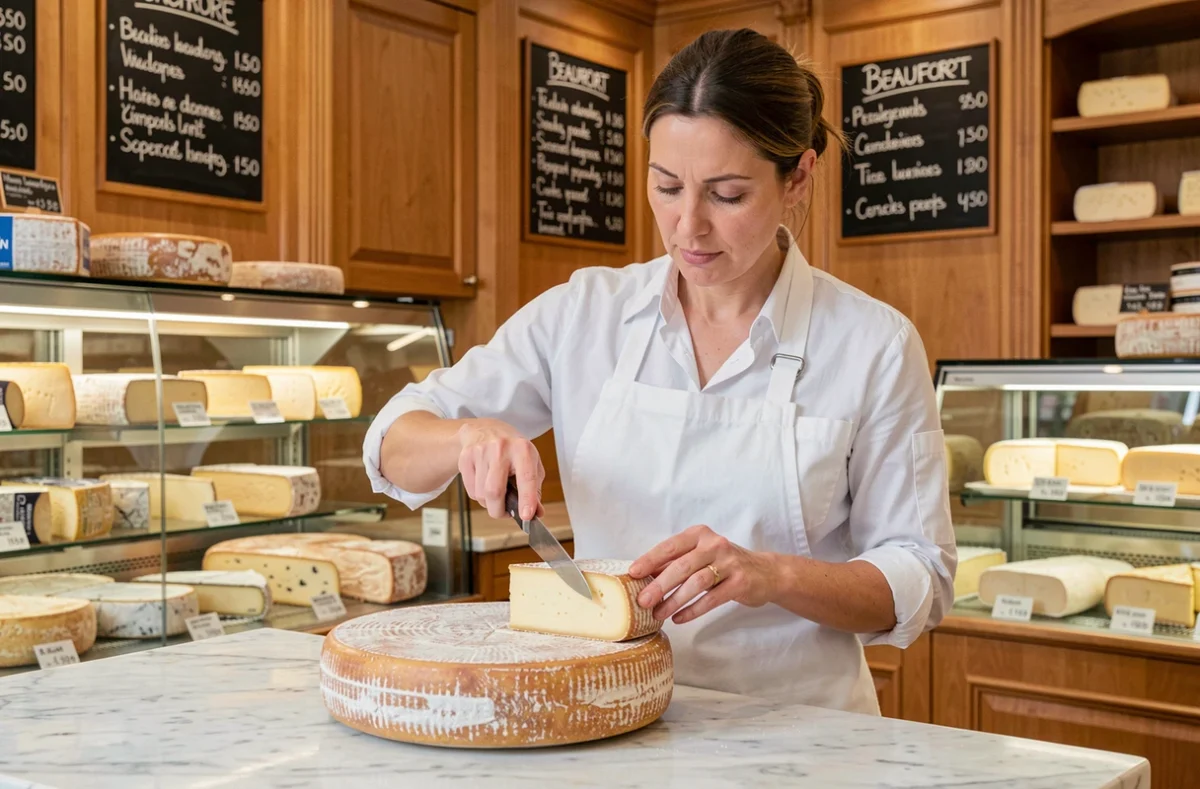 Fromagère découpant une portion de Beaufort au comptoir d'une fromagerie haut de gamme avec tableau de prix au kilo en arrière-plan