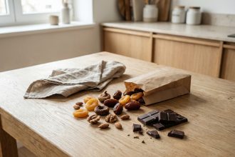 Assortiment de fruits secs et de carrés de chocolat noir disposés sur une table en bois rustique pour un encas sain