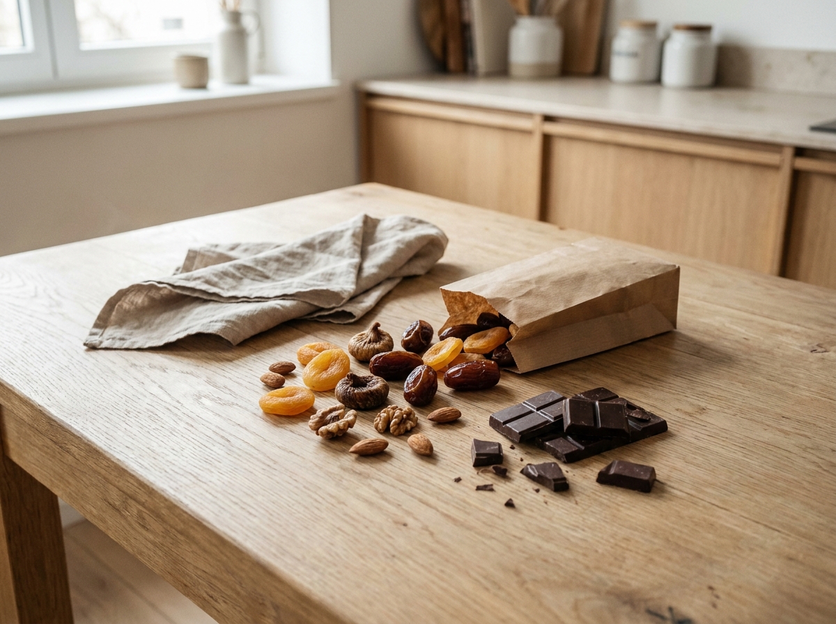Assortiment de fruits secs et de carrés de chocolat noir disposés sur une table en bois rustique pour un encas sain