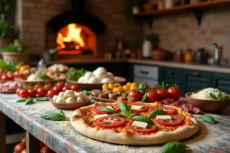 Vue d'ensemble d'un comptoir de pizzeria italienne rustique avec des garnitures fraîches variées sur marbre fariné