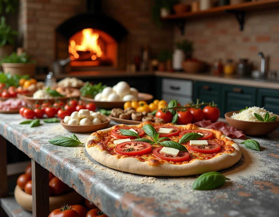 Vue d'ensemble d'un comptoir de pizzeria italienne rustique avec des garnitures fraîches variées sur marbre fariné