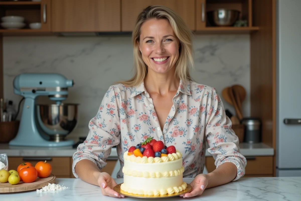 Femme présentant un gâteau d'anniversaire fait maison avec glaçage crème au beurre et fruits frais dans une cuisine familiale