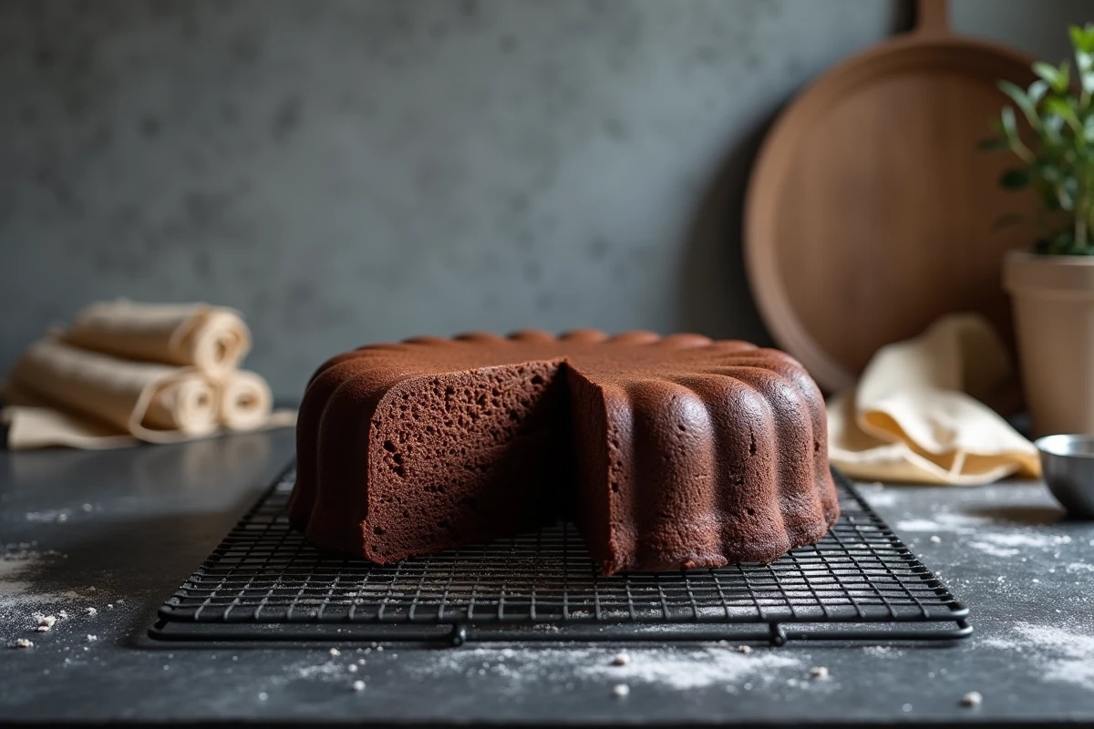 Gâteau au chocolat fondant maison coupé en tranches sur grille de refroidissement, texture moelleuse visible