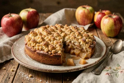 Gâteau à la compote de pomme façon crumble posé sur une table en bois rustique avec des pommes entières en arrière-plan