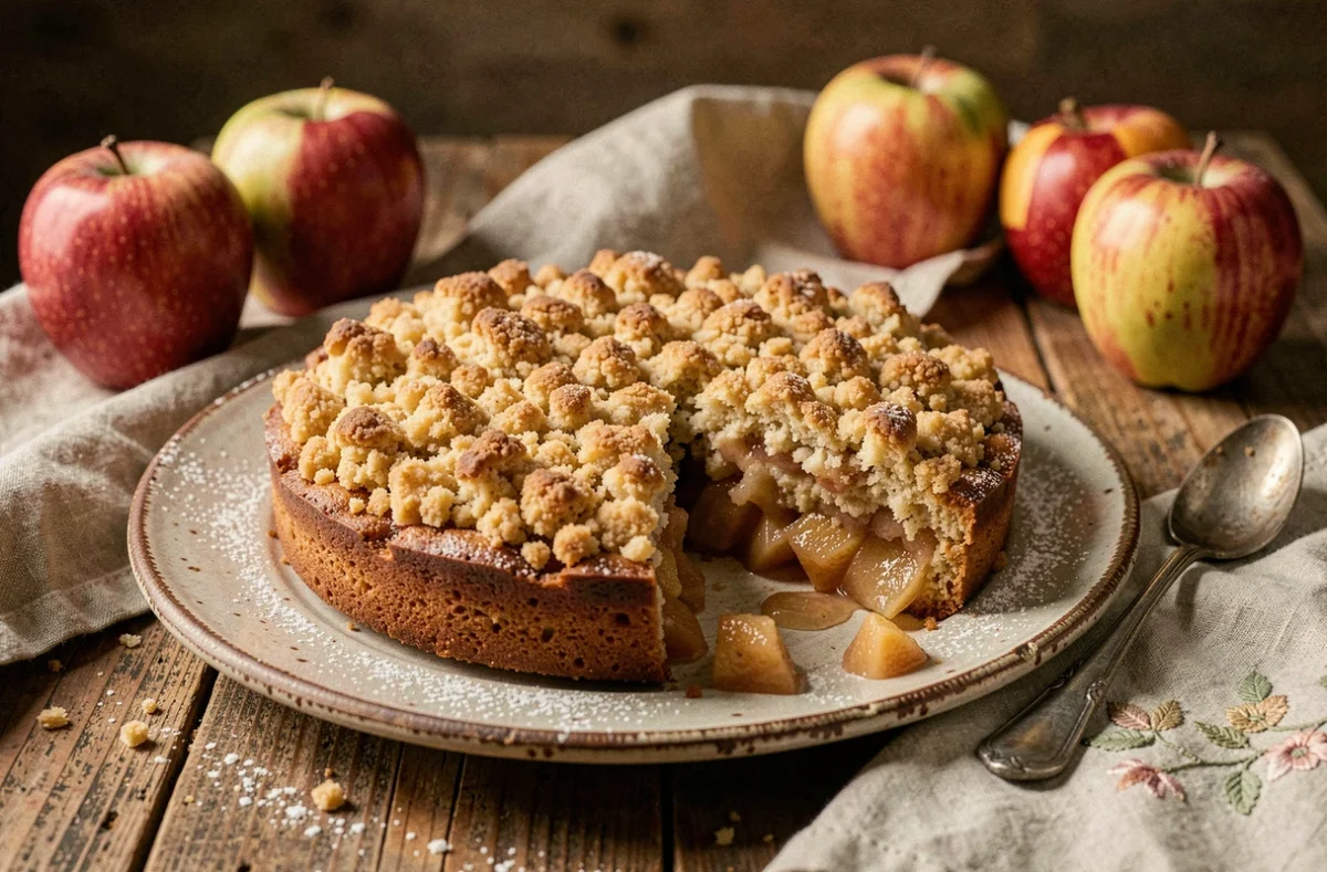 Gâteau à la compote de pomme façon crumble posé sur une table en bois rustique avec des pommes entières en arrière-plan