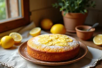 Gâteau espagnol au citron sur une assiette en céramique rustique dans une cuisine méditerranéenne ensoleillée, entouré de citrons frais et saupoudré de sucre glace