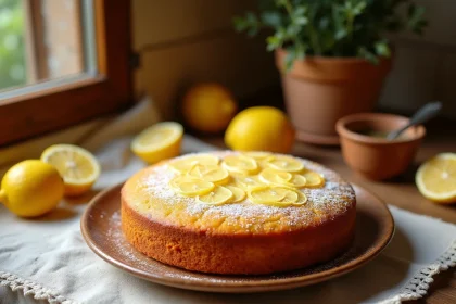 Gâteau espagnol au citron sur une assiette en céramique rustique dans une cuisine méditerranéenne ensoleillée, entouré de citrons frais et saupoudré de sucre glace