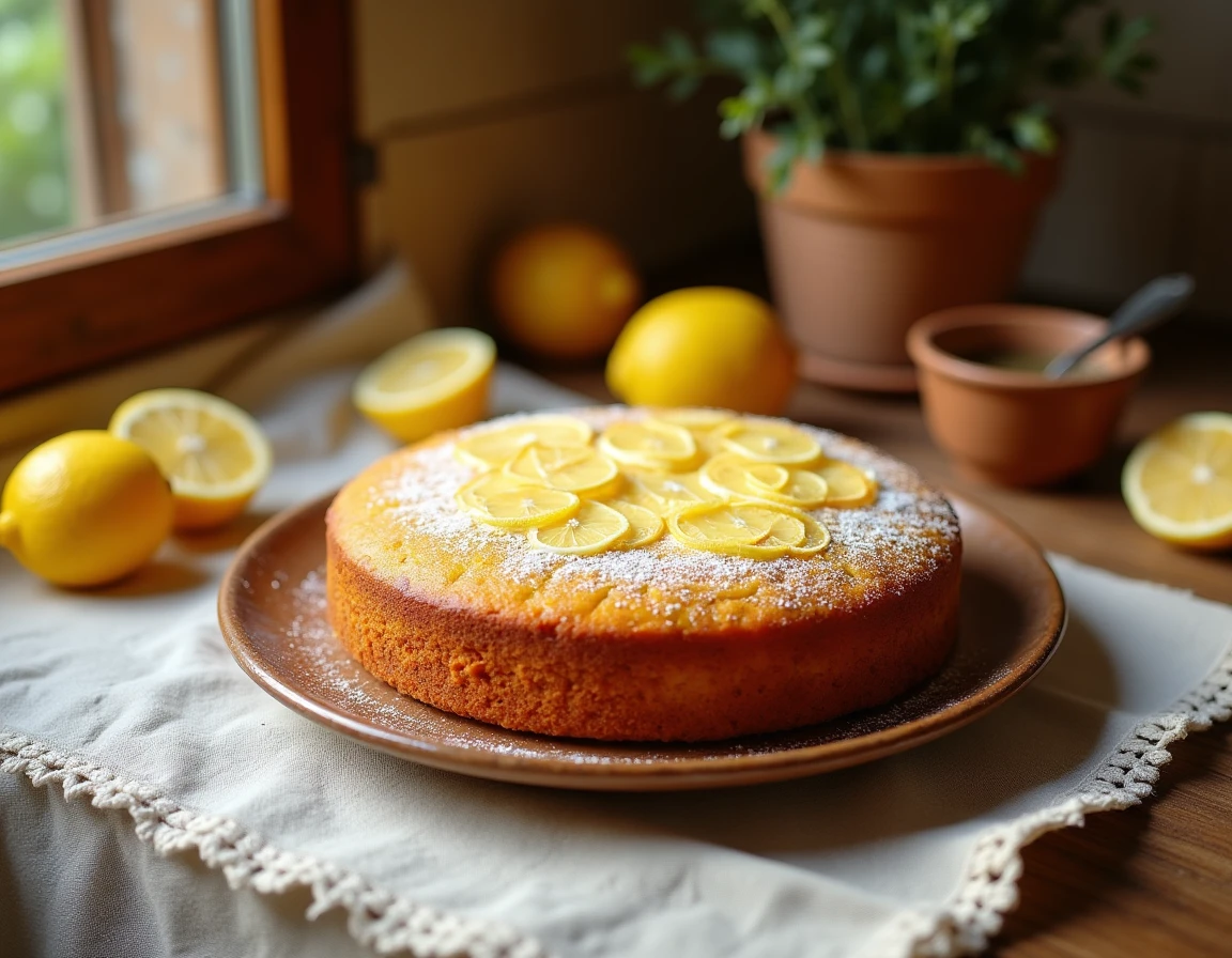 Gâteau espagnol au citron sur une assiette en céramique rustique dans une cuisine méditerranéenne ensoleillée, entouré de citrons frais et saupoudré de sucre glace