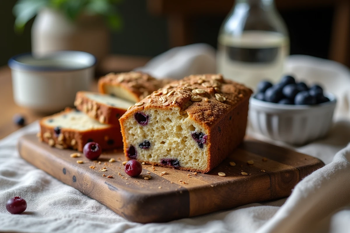 Gâteau flocon d'avoine régime tranché sur une planche en bois avec des myrtilles fraîches pour un petit-déjeuner rassasiant