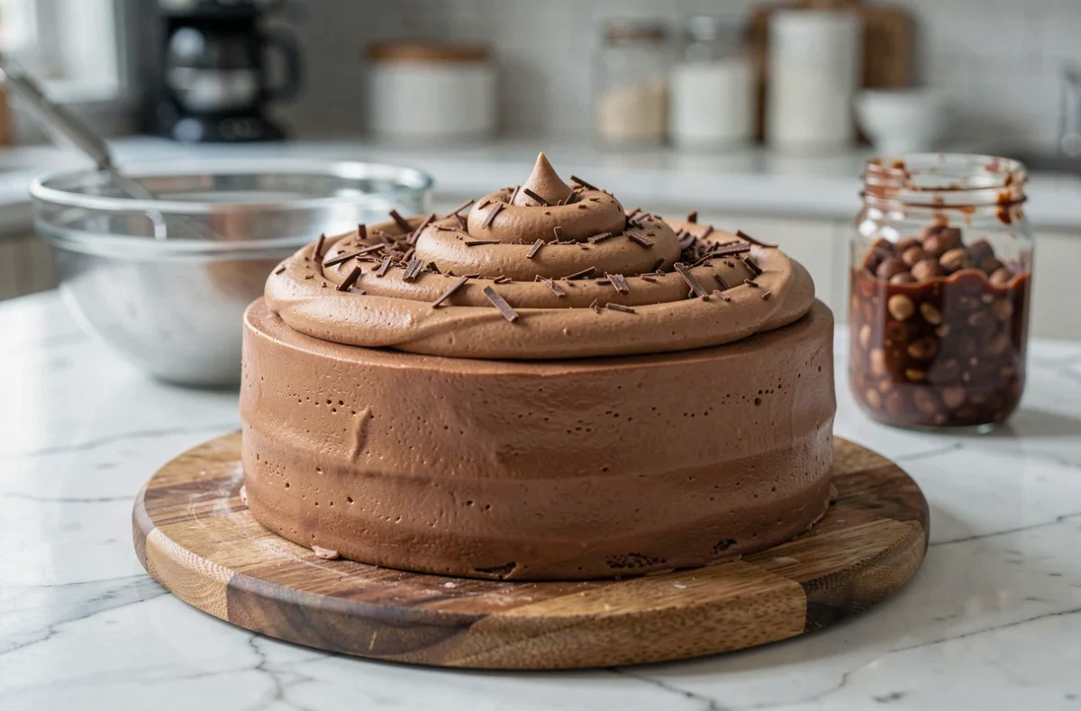 Gâteau fondant entier au marron avec crème de châtaigne sur comptoir en marbre dans une cuisine maison