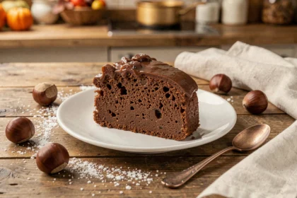 Tranche de gâteau fondant au marron sur assiette blanche avec châtaignes et sucre glace sur table en bois rustique