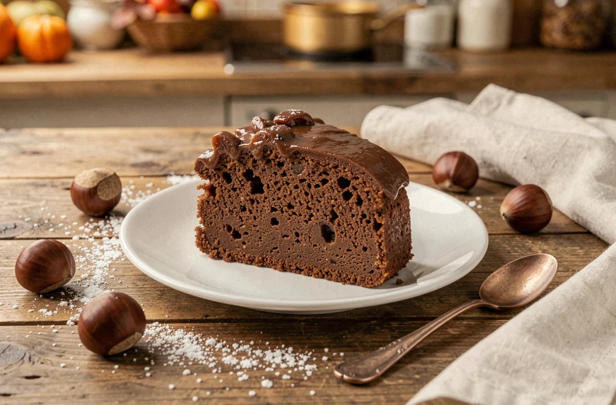 Tranche de gâteau fondant au marron sur assiette blanche avec châtaignes et sucre glace sur table en bois rustique