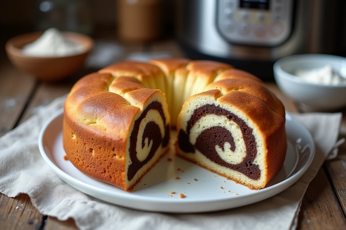 Gâteau marbré fait au Cookeo coupé en tranches révélant un beau marbrage chocolat vanille sur une table en bois rustique