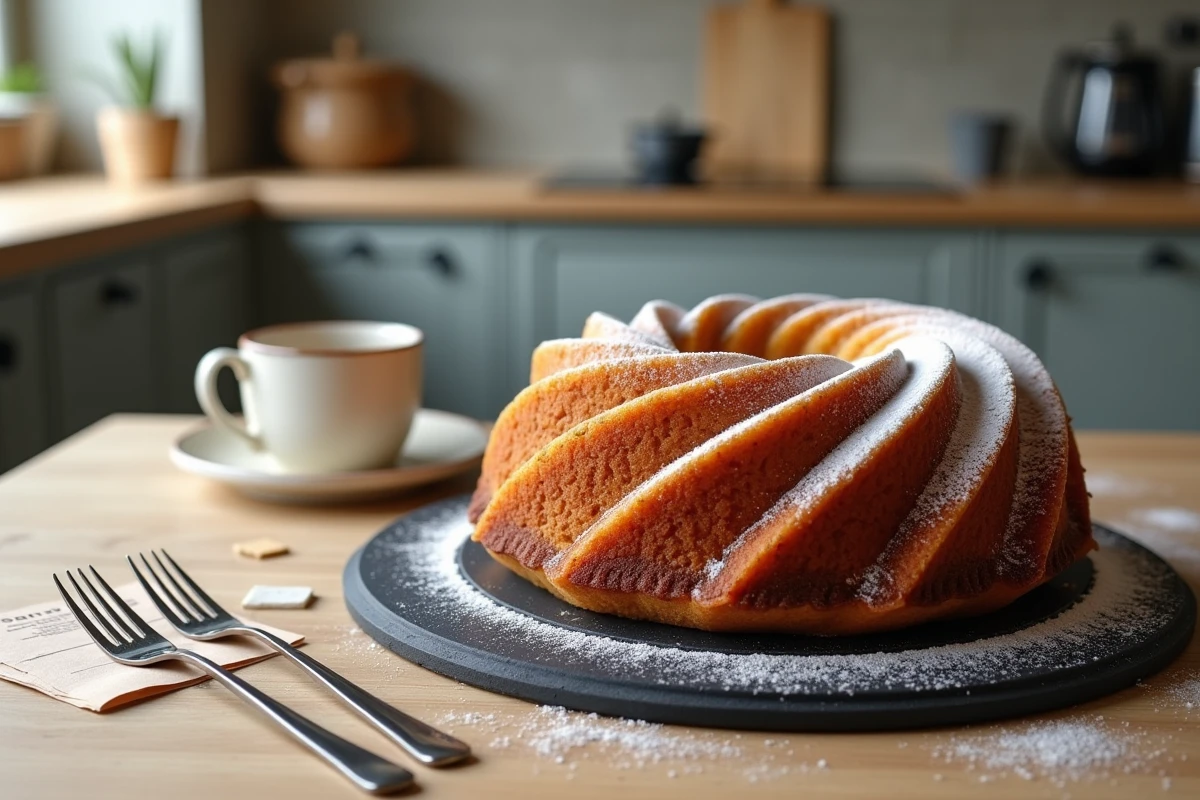 Gâteau marbré démoulé saupoudré de sucre glace sur une ardoise de service avec des fourchettes à dessert dans une cuisine lumineuse