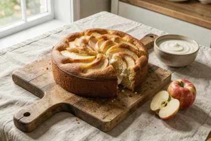 Gâteau au yaourt et aux pommes sans beurre doré sur une planche en bois rustique