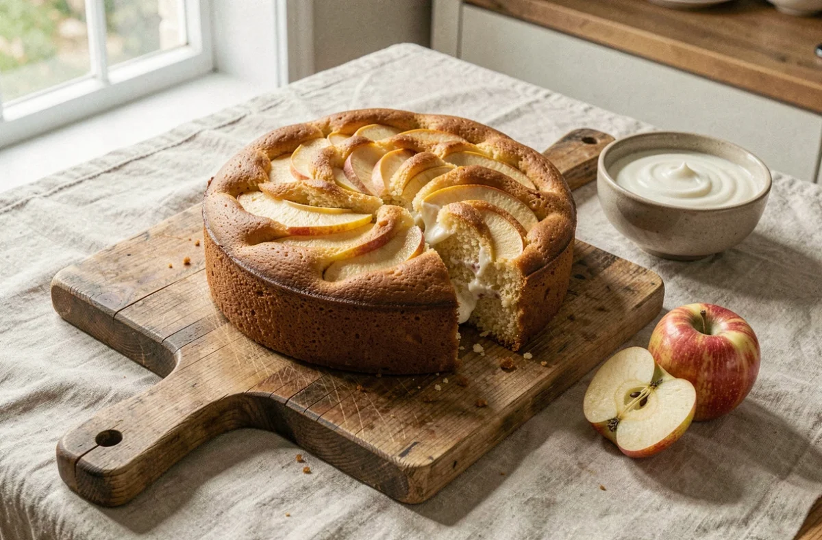 Gâteau au yaourt et aux pommes sans beurre doré sur une planche en bois rustique