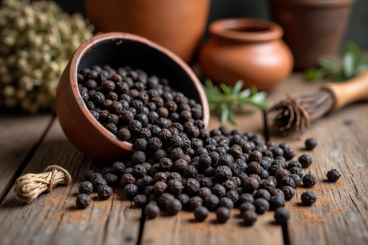 Gros plan de grains de poivre noir entiers renversés d'un bol en céramique rustique sur une surface en bois vieilli, épice la plus populaire au monde