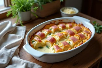 Gratin d'endives au jambon béchamel légère dans un plat en céramique blanche avec croûte dorée