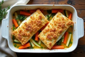 Gratin de julienne de poisson dans un plat en céramique blanche avec chapelure dorée, carottes et courgettes en julienne, vu de dessus sur une table en chêne rustique