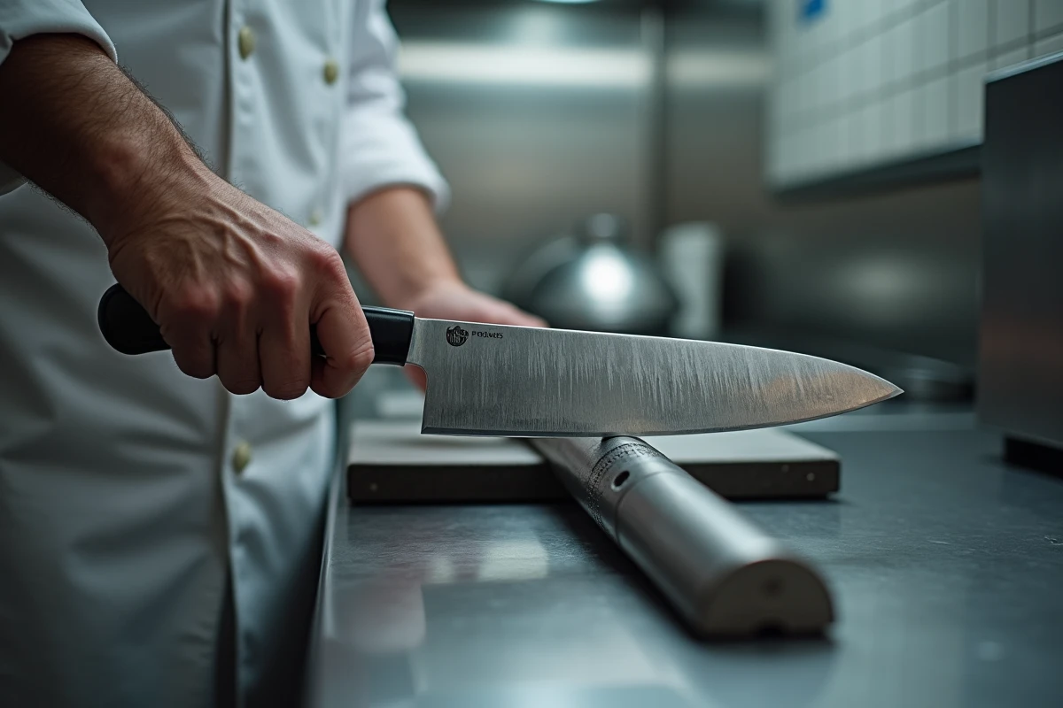 Gros plan de mains professionnelles aiguisant un couteau de chef sur un fusil à aiguiser en acier inoxydable dans une cuisine de restaurant