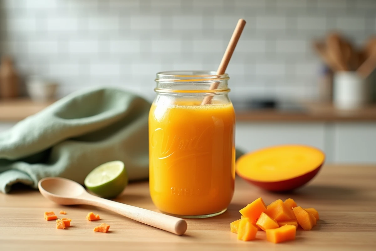 Gros plan d'un mixeur en verre rempli de smoothie mangue et carotte orange vif posé sur une table en bois clair avec des fruits frais