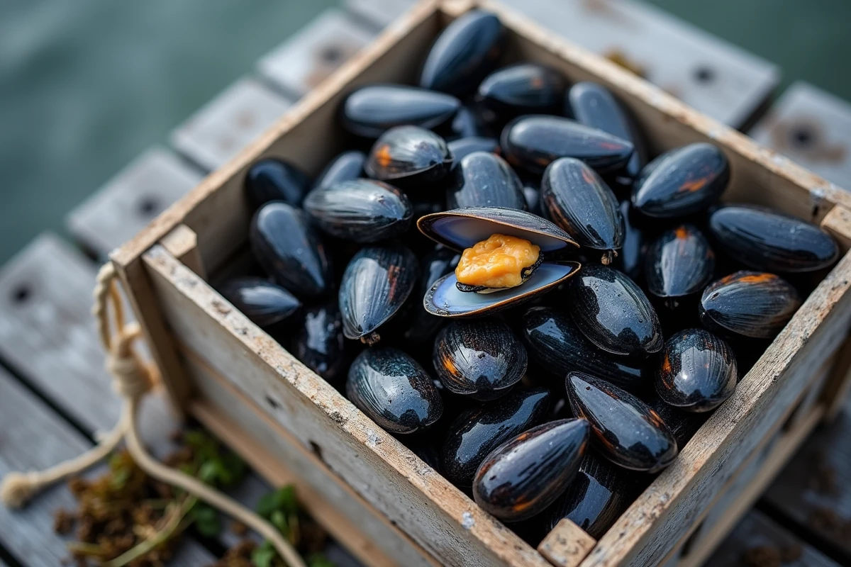 Gros plan sur des moules de bouchot fraîchement récoltées sur un quai en bord de mer