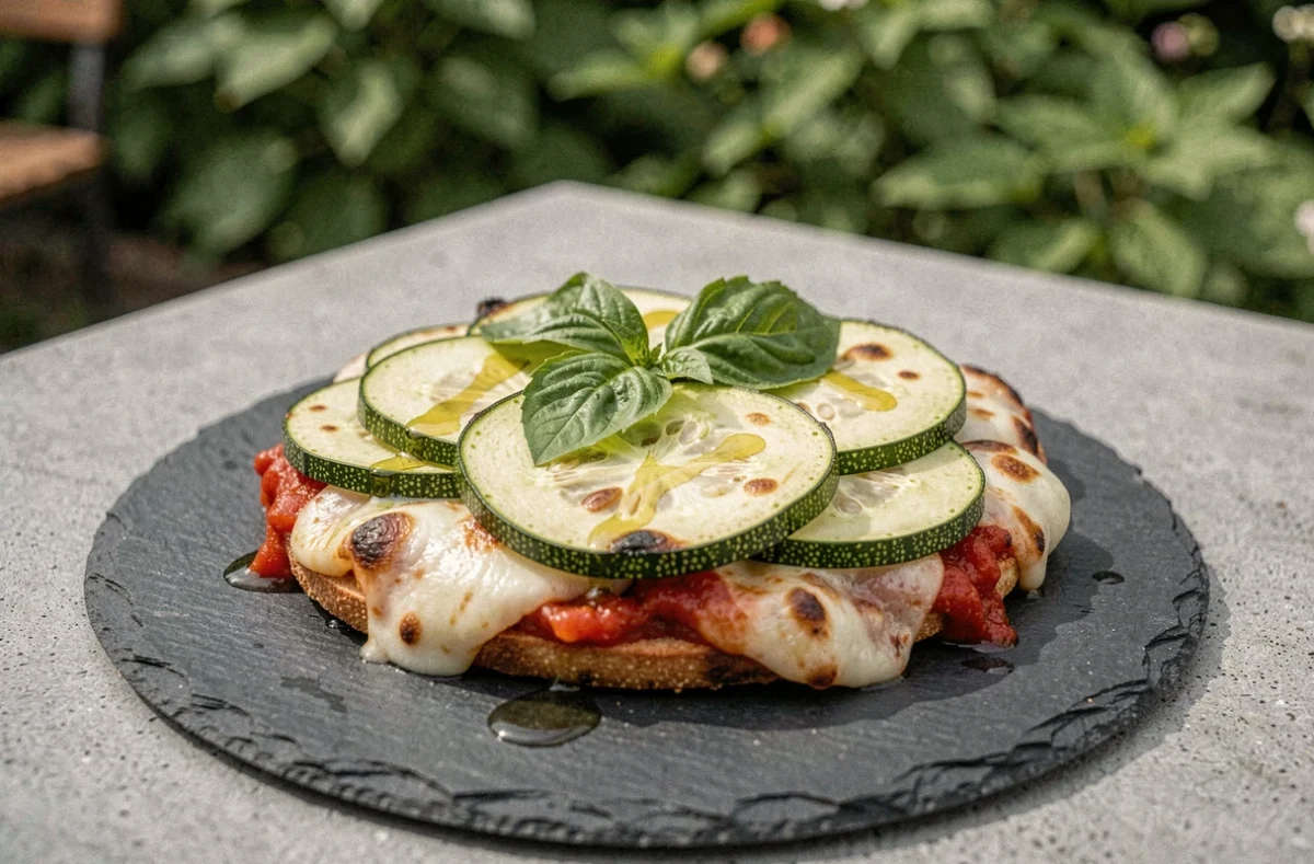 Gros plan d'une pizzetta individuelle à la courgette sur ardoise avec mozzarella gratinée, sauce tomate et basilic frais