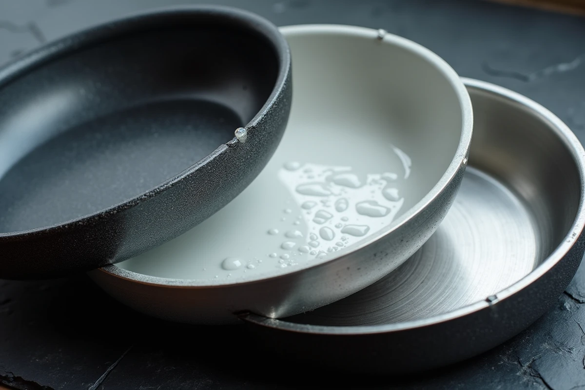 Gros plan sur les surfaces intérieures de trois poêles en acier carbone, céramique et inox montrant les textures de matière